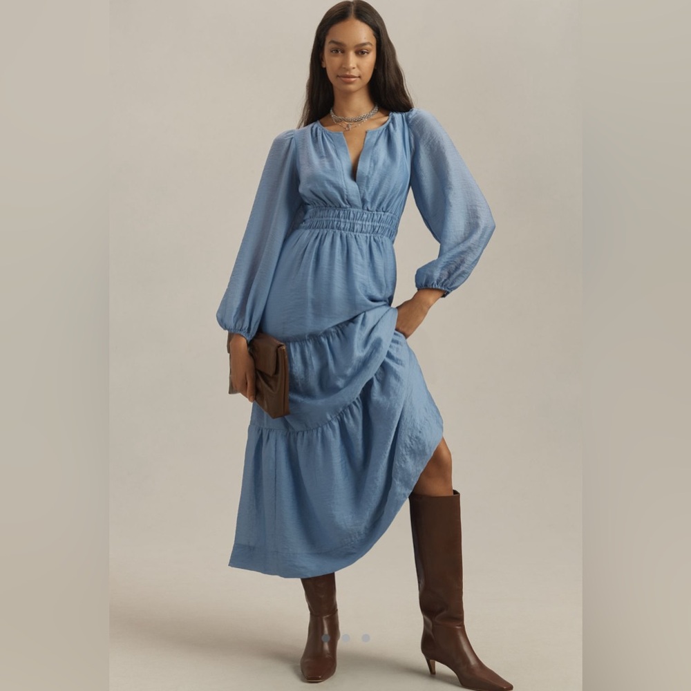 Anthropologie Dusty Blue Long Sleeve Tiered Midi Dress